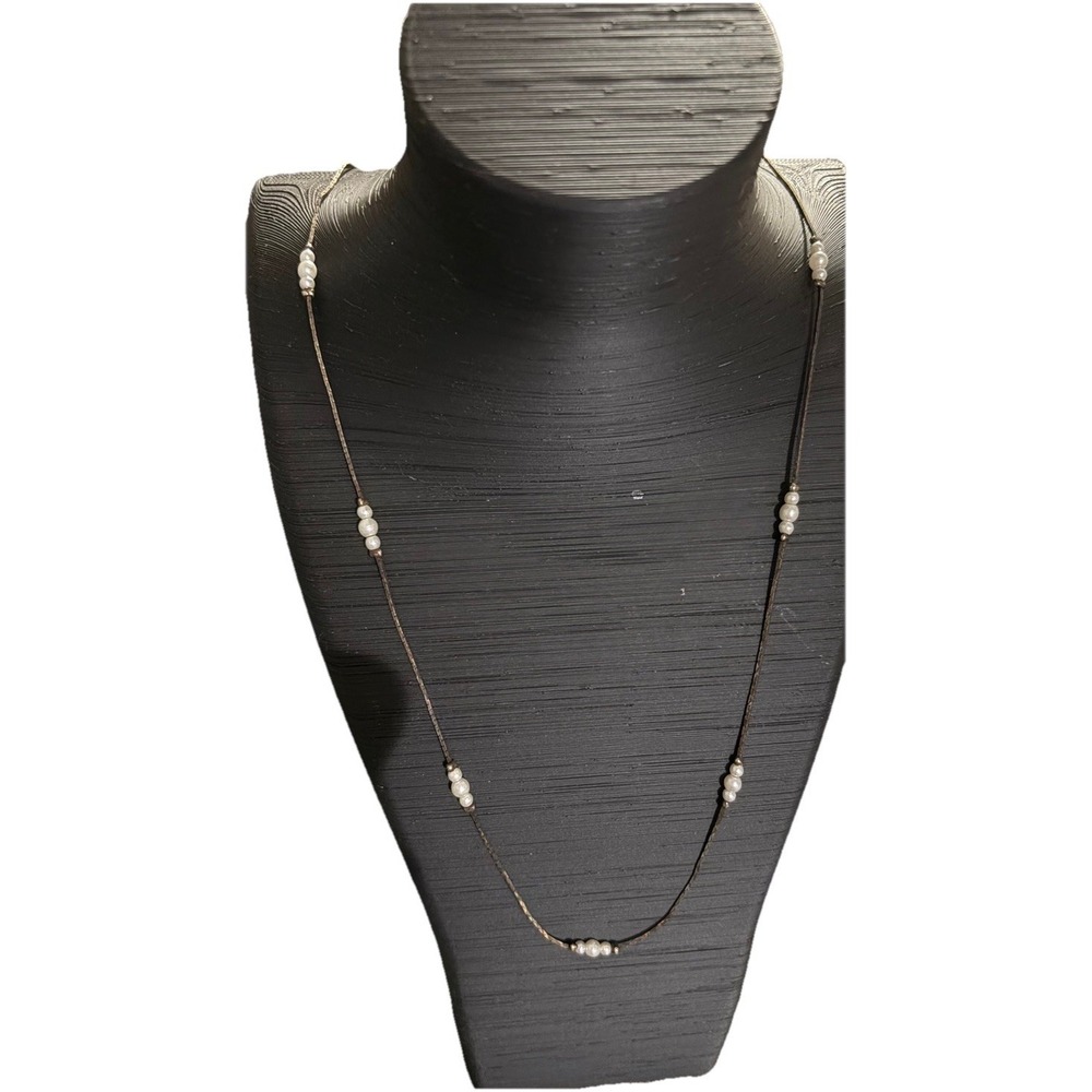 Vintage Faux Pearl Station Necklace Long Silver Tone Chain Layering Jewelry